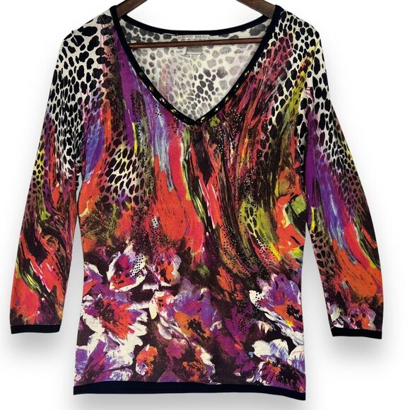 Alberto‎ Makali Embellished Animal Floral Print V-Neck Top Rhinestone Beaded M - Picture 1 of 12